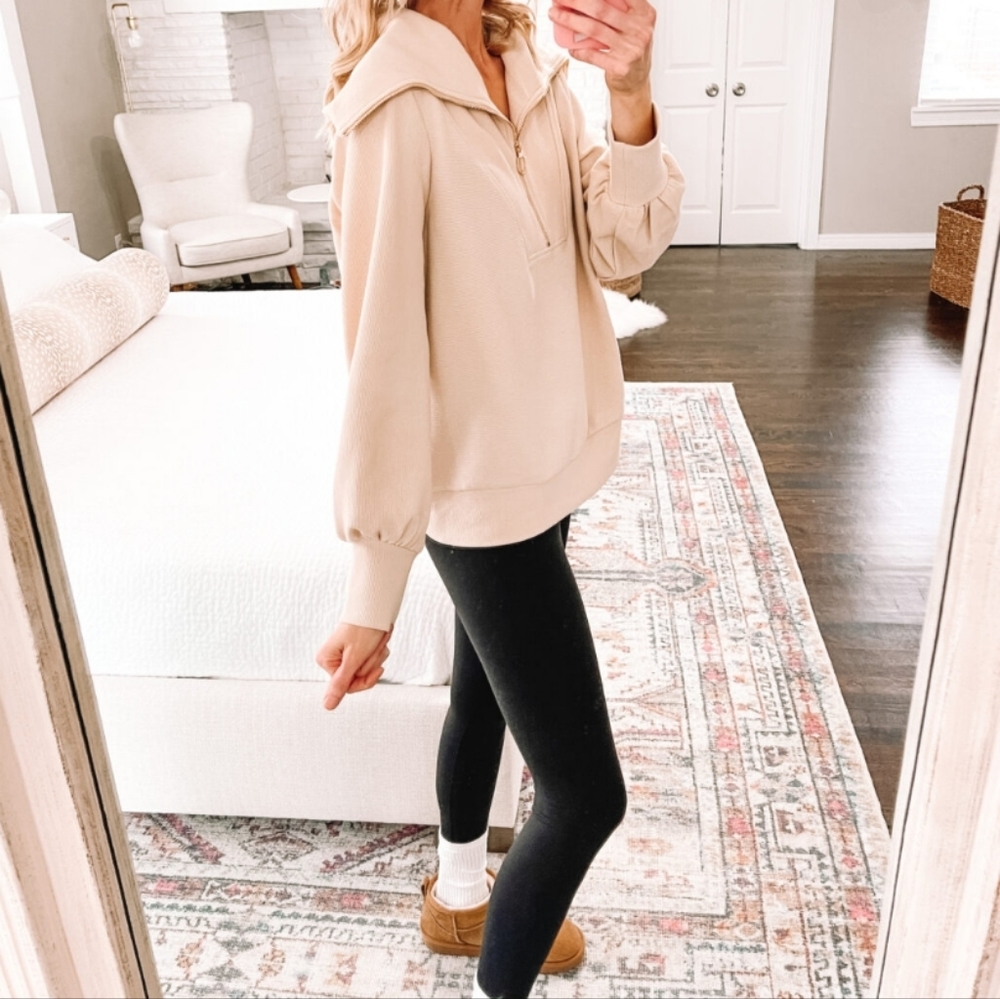 Quarter Zip Ribbed Pullover Top Beige Tan Large - Picture 13 of 13